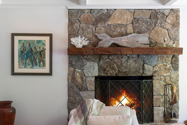 detailed view of crown molding and a fireplace