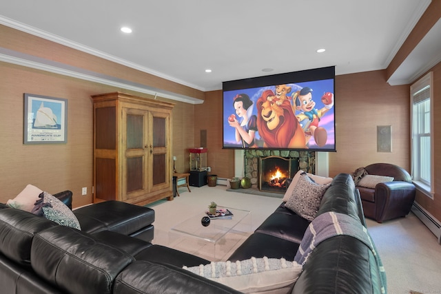 carpeted cinema featuring crown molding, a fireplace, recessed lighting, baseboard heating, and baseboards