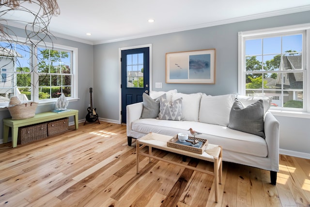5 Park Ln, Norwalk, CT 06854 - living room with ornamental molding, light wood-style flooring, baseboards, and recessed lighting