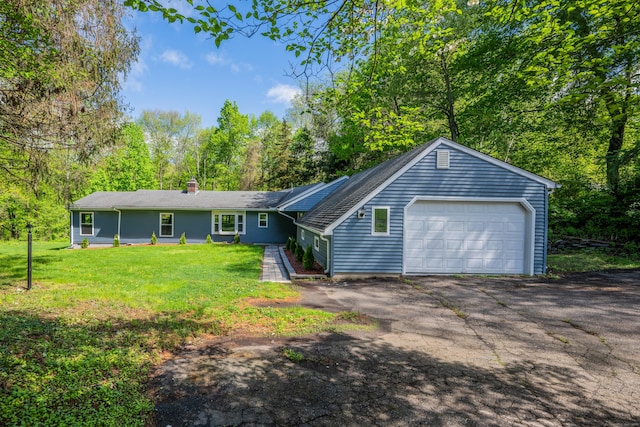 779 New Britain Ave, Rocky Hill, CT 06067 - ranch-style house with a front yard, a chimney, a garage, driveway, and a shingled roof