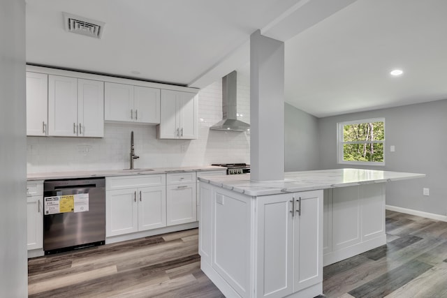 779 New Britain Ave, Rocky Hill, CT 06067 - kitchen featuring dishwasher, wall chimney range hood, a sink, light wood-type flooring, and tasteful backsplash