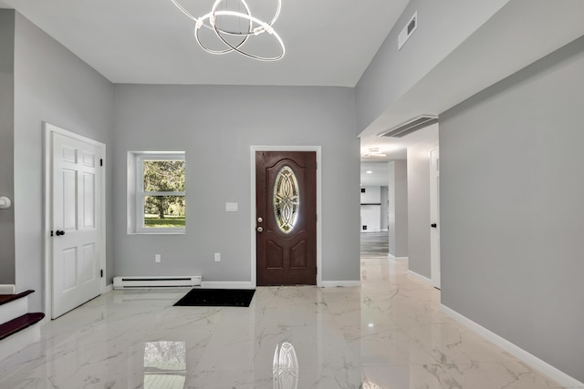 779 New Britain Ave, Rocky Hill, CT 06067 - foyer featuring a baseboard radiator, a chandelier, light marble finish flooring, and baseboards