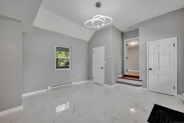 779 New Britain Ave, Rocky Hill, CT 06067 - unfurnished dining area with a baseboard heating unit, baseboards, marble finish flooring, lofted ceiling, and stairway