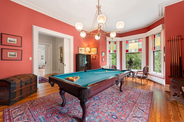 13 Sugar St, Newtown, CT 06470 - recreation room with hardwood / wood-style flooring, billiards table, ornamental molding, a chandelier, and baseboards