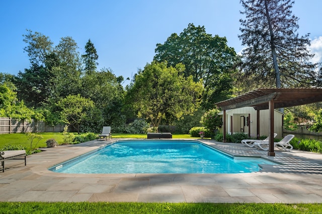 13 Sugar St, Newtown, CT 06470 - view of swimming pool with a pergola, a patio area, and view of wooded area