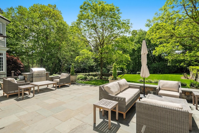 68 Woods End Rd, New Canaan, CT 06840 - view of patio / terrace with an outdoor living space, a grill, exterior kitchen, and view of scattered trees