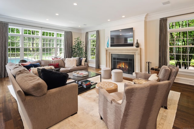 68 Woods End Rd, New Canaan, CT 06840 - living room featuring crown molding, a warm lit fireplace, wood finished floors, recessed lighting, and baseboards