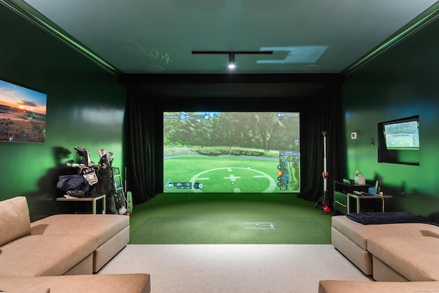 68 Woods End Rd, New Canaan, CT 06840 - rec room featuring golf simulator, carpet, and crown molding