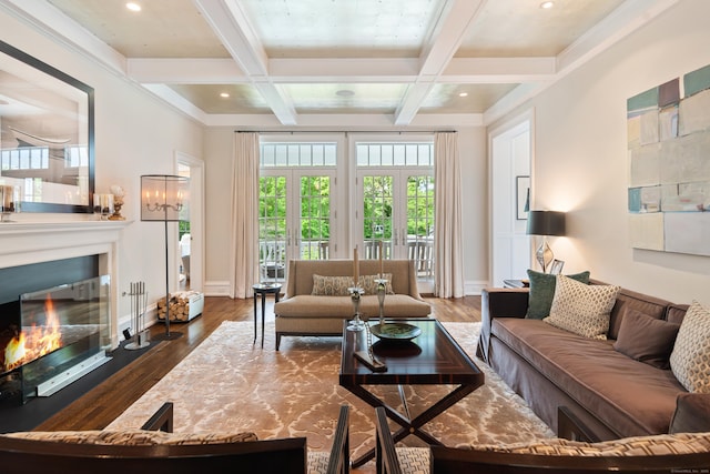 68 Woods End Rd, New Canaan, CT 06840 - living room with a glass covered fireplace, beam ceiling, coffered ceiling, wood finished floors, and baseboards
