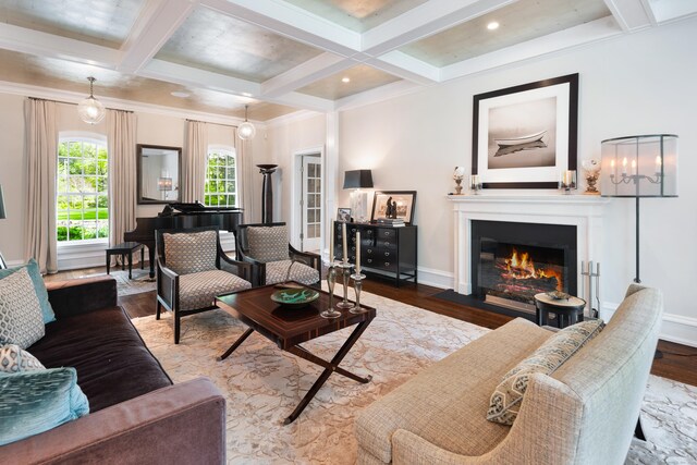 68 Woods End Rd, New Canaan, CT 06840 - living area with coffered ceiling, wood finished floors, a fireplace with flush hearth, beam ceiling, and baseboards