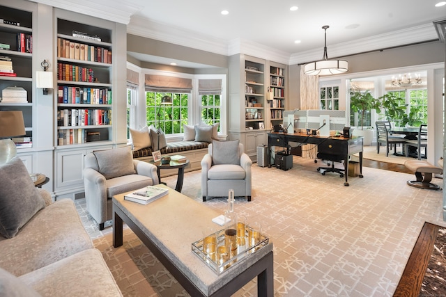 68 Woods End Rd, New Canaan, CT 06840 - living area with crown molding, built in features, recessed lighting, and an office area