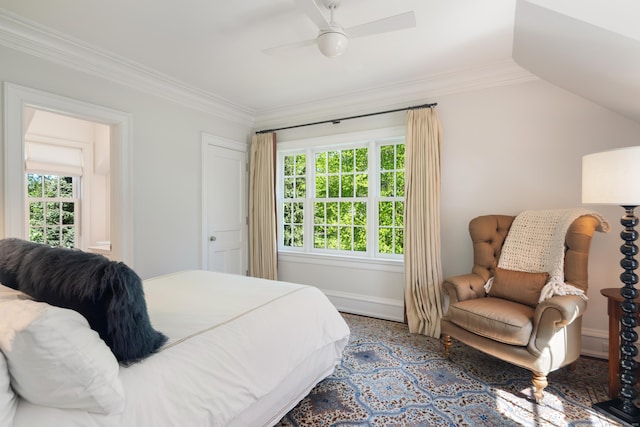 68 Woods End Rd, New Canaan, CT 06840 - bedroom featuring multiple windows, ornamental molding, and a ceiling fan