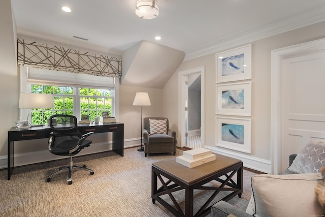 68 Woods End Rd, New Canaan, CT 06840 - office area featuring crown molding, recessed lighting, and baseboards
