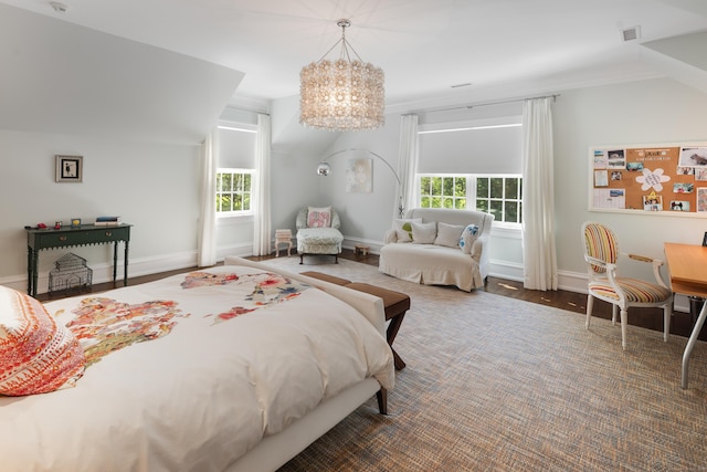 68 Woods End Rd, New Canaan, CT 06840 - bedroom with a chandelier, multiple windows, baseboards, and wood finished floors