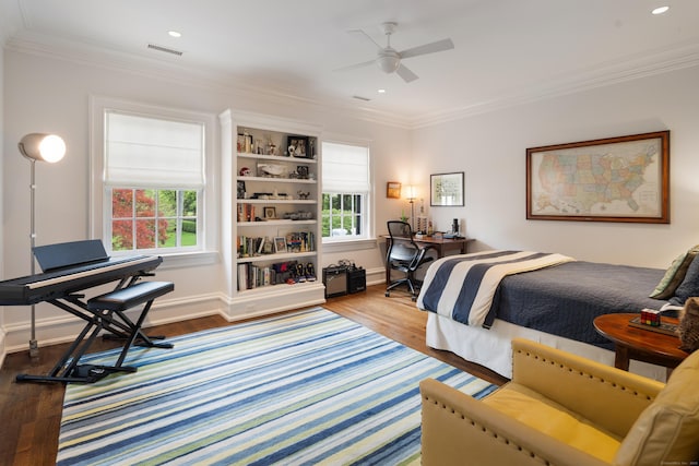 68 Woods End Rd, New Canaan, CT 06840 - bedroom featuring wood finished floors, crown molding, an office area, recessed lighting, and baseboards