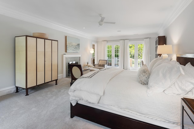 68 Woods End Rd, New Canaan, CT 06840 - bedroom featuring crown molding, light colored carpet, access to exterior, and ceiling fan