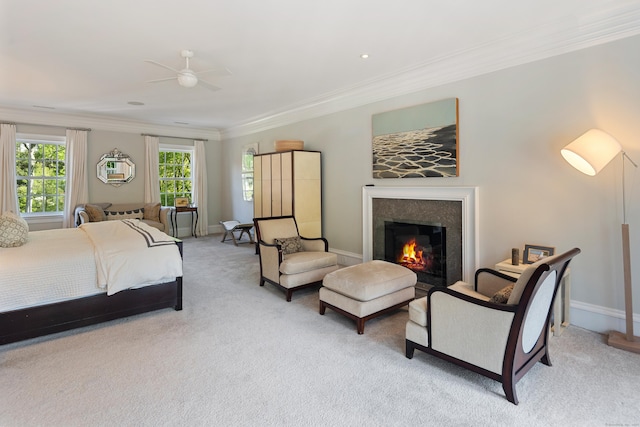 68 Woods End Rd, New Canaan, CT 06840 - bedroom with ornamental molding, light carpet, a glass covered fireplace, baseboards, and a ceiling fan