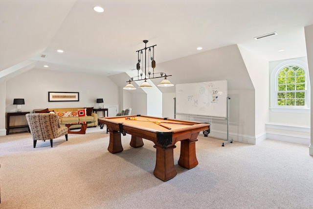 68 Woods End Rd, New Canaan, CT 06840 - recreation room featuring light carpet, lofted ceiling, billiards table, recessed lighting, and baseboards