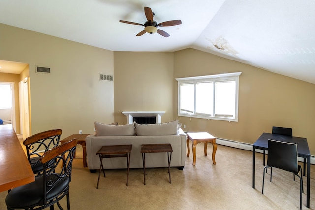 11 Byrne Ct Unit C2, Farmington, CT 06032 - living area featuring a ceiling fan, vaulted ceiling, light colored carpet, and a baseboard radiator
