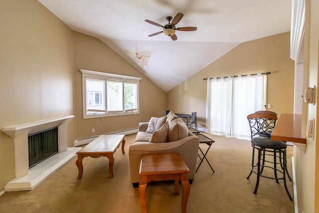 11 Byrne Ct Unit C2, Farmington, CT 06032 - carpeted living room with ceiling fan, baseboard heating, a baseboard heating unit, lofted ceiling, and a fireplace with raised hearth