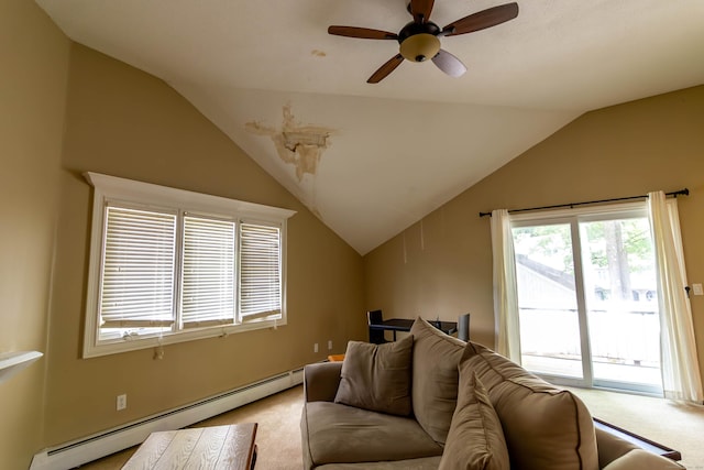 11 Byrne Ct Unit C2, Farmington, CT 06032 - living area with a baseboard radiator, light carpet, vaulted ceiling, and ceiling fan
