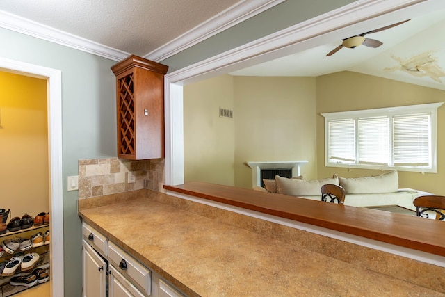 11 Byrne Ct Unit C2, Farmington, CT 06032 - kitchen featuring decorative backsplash, a ceiling fan, ornamental molding, and vaulted ceiling