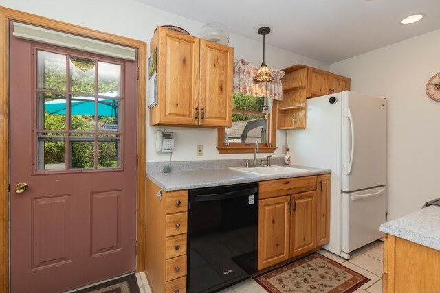 21 Bethpage Dr, Bethel, CT 06801 - kitchen with black dishwasher, a sink, light countertops, freestanding refrigerator, and open shelves