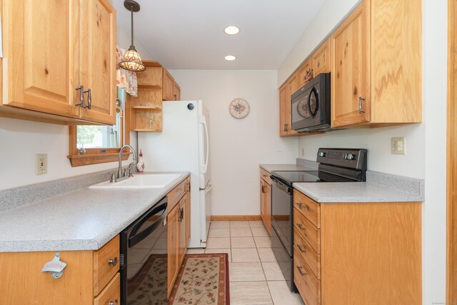 21 Bethpage Dr, Bethel, CT 06801 - kitchen featuring black appliances, a sink, recessed lighting, open shelves, and light tile patterned floors