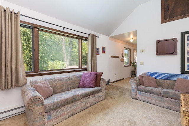 21 Bethpage Dr, Bethel, CT 06801 - living room with a baseboard heating unit, carpet flooring, and high vaulted ceiling