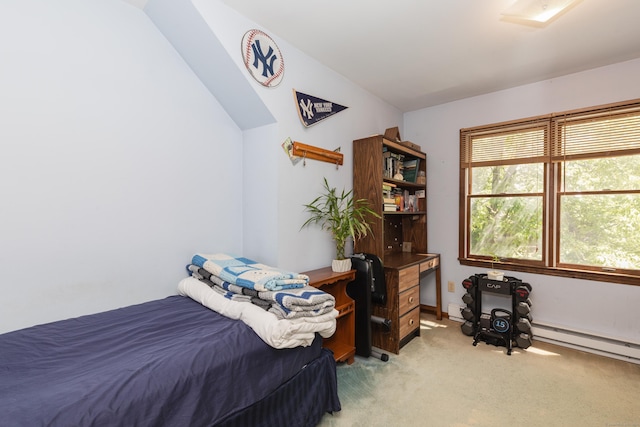 21 Bethpage Dr, Bethel, CT 06801 - bedroom with light carpet, vaulted ceiling, and baseboard heating