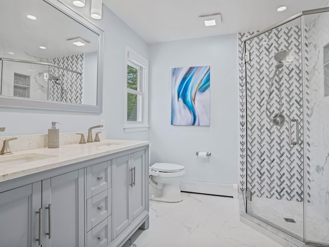 20 Mountain Wood Rd, Stamford, CT 06903 - full bath featuring a baseboard heating unit, marble look tile flooring, a shower stall, toilet, and recessed lighting