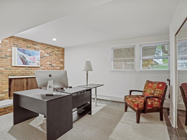 20 Mountain Wood Rd, Stamford, CT 06903 - office area with carpet flooring, brick wall, a baseboard heating unit, and baseboards
