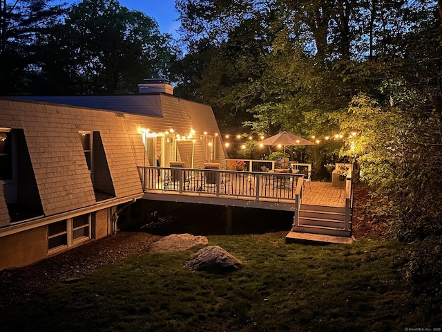 20 Mountain Wood Rd, Stamford, CT 06903 - rear view of house with a wooden deck, a yard, and a chimney