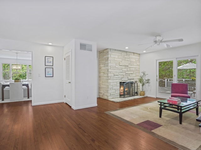 20 Mountain Wood Rd, Stamford, CT 06903 - living room with ceiling fan, healthy amount of natural light, wood finished floors, a fireplace, and recessed lighting