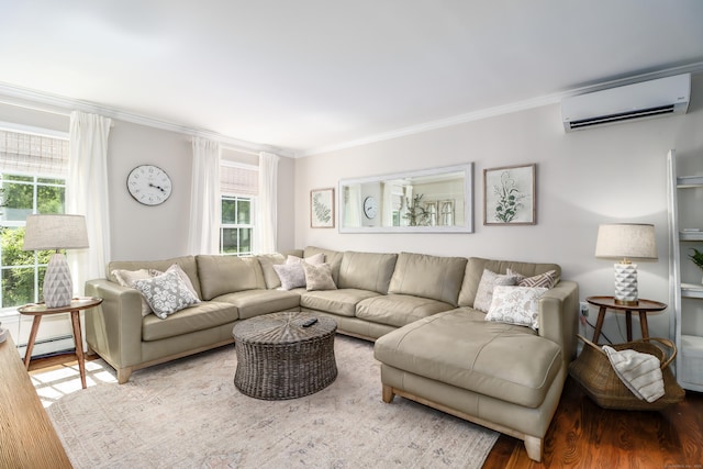 living room featuring a wall mounted AC, wood finished floors, crown molding, healthy amount of natural light, and a baseboard radiator