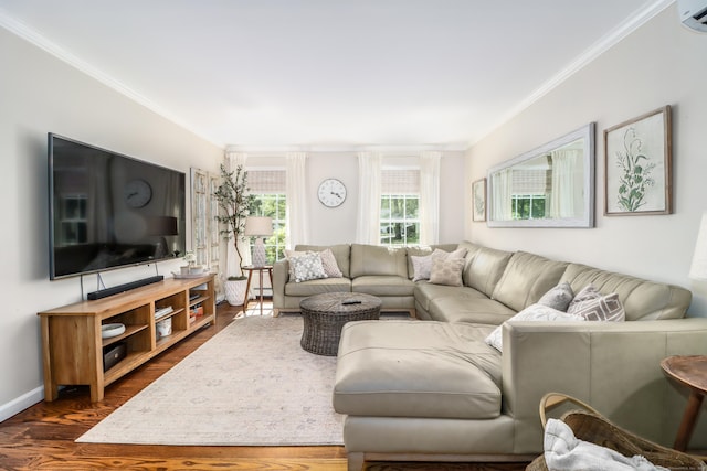 living room featuring crown molding, dark wood-type flooring, and baseboards
