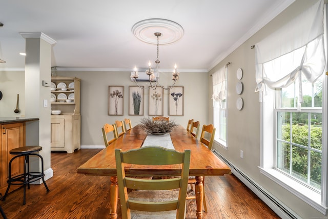dining area featuring a baseboard heating unit, a chandelier, crown molding, dark wood-type flooring, and baseboards