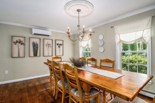 dining space featuring an AC wall unit, a chandelier, ornamental molding, wood finished floors, and baseboard heating