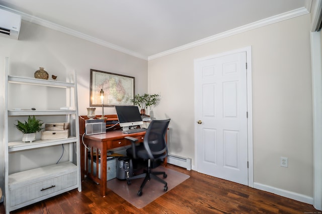 office space with a baseboard radiator, a wall mounted AC, ornamental molding, and wood finished floors