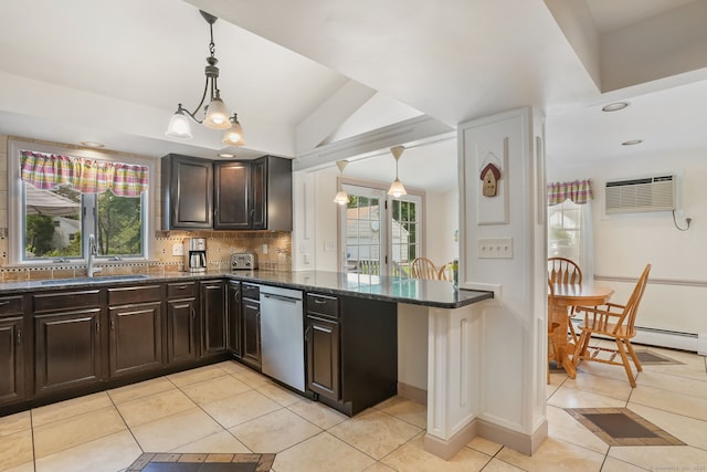 kitchen with a sink, stainless steel dishwasher, decorative backsplash, a wall mounted AC, and light tile patterned flooring