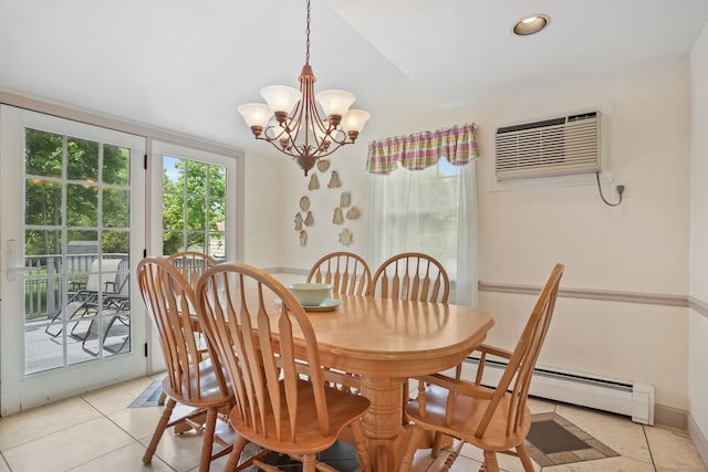 dining area with baseboard heating, light tile patterned floors, a chandelier, a wall mounted AC, and vaulted ceiling