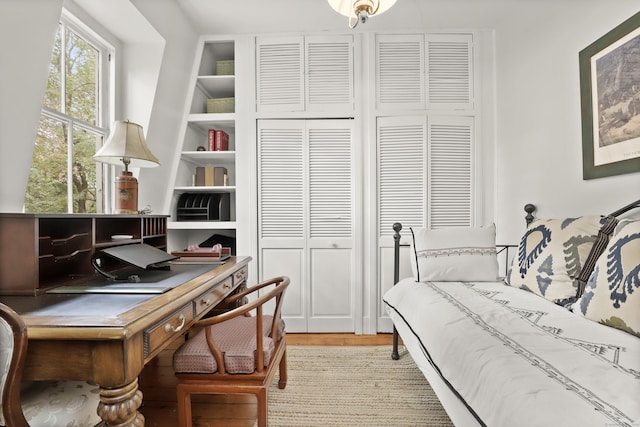 bedroom featuring wood finished floors, a desk, and a closet