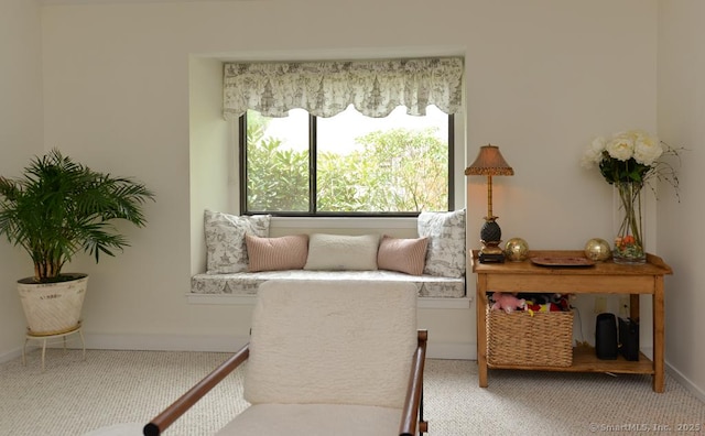 living area featuring carpet and baseboards