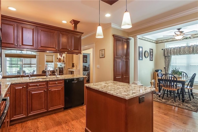 2 Crestview Dr Unit 2, Middlefield, CT 06481 - kitchen with dishwasher, decorative columns, light wood-style flooring, pendant lighting, and ornamental molding