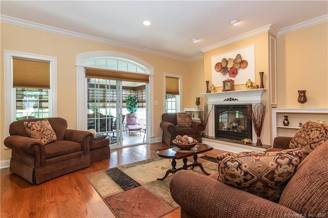 2 Crestview Dr Unit 2, Middlefield, CT 06481 - living area featuring crown molding, wood finished floors, a premium fireplace, plenty of natural light, and recessed lighting