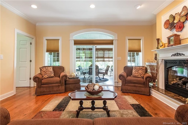 2 Crestview Dr Unit 2, Middlefield, CT 06481 - living area with wood finished floors, crown molding, a glass covered fireplace, recessed lighting, and baseboards
