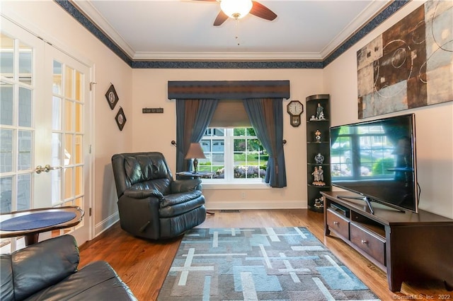 2 Crestview Dr Unit 2, Middlefield, CT 06481 - living room featuring crown molding, a ceiling fan, wood finished floors, baseboards, and french doors