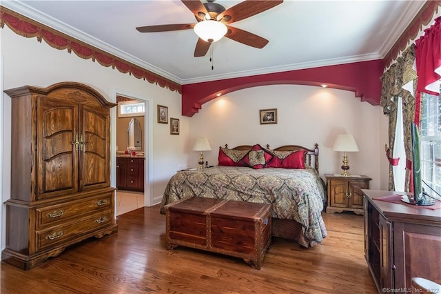 2 Crestview Dr Unit 2, Middlefield, CT 06481 - bedroom with arched walkways, wood finished floors, crown molding, and ceiling fan