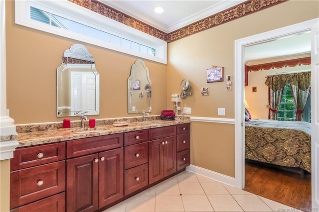 2 Crestview Dr Unit 2, Middlefield, CT 06481 - ensuite bathroom featuring healthy amount of natural light, crown molding, double vanity, tile patterned floors, and baseboards