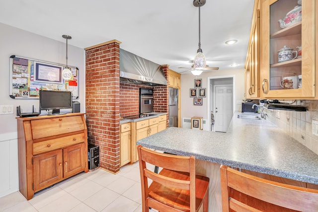 26 Williams Rd, Cheshire, CT 06410 - kitchen featuring ceiling fan, a peninsula, wall chimney exhaust hood, stainless steel appliances, and a kitchen breakfast bar